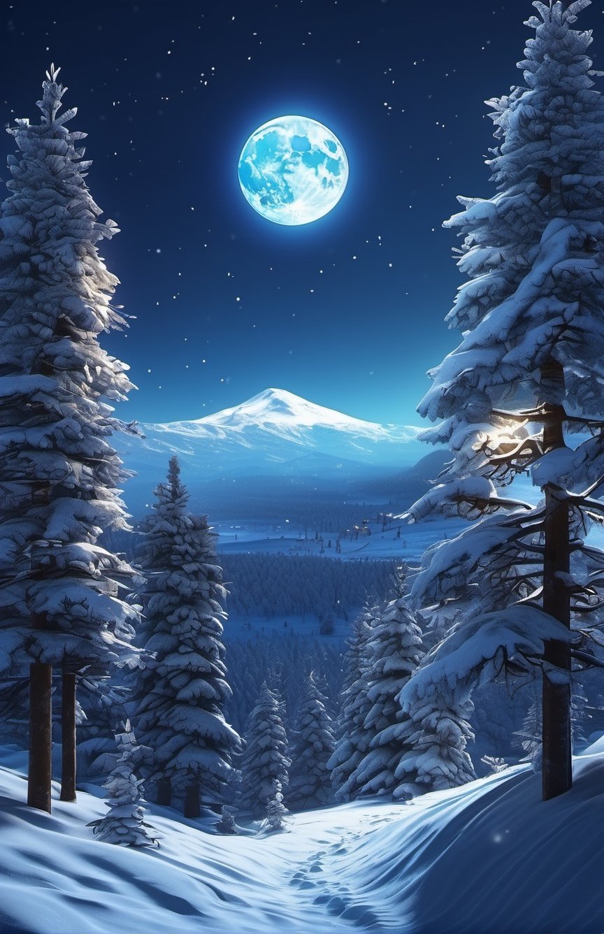 snow forest, full moon, moonlight landscape, ultra realistic, 4k, cinematic view