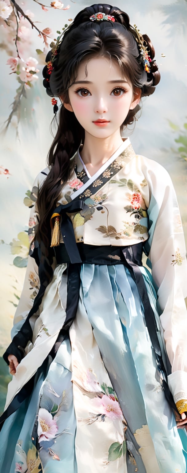 (((masterpiece))), top quality, (beautiful and delicate girl), beautiful and delicate light, (beautiful and delicate eyes), pale skin, sad_face, (brown eyes), (dark black long hair), dreamy, vintage art, Medium chest, female 1, (front shot), soft expression, tall, oil painting, proud and elegant, hair up, hanbok, full body shot,