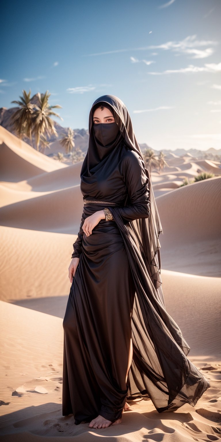 1 girl, Veiled woman standing gracefully on a windswept dune in a mystical desert setting, high detail, cinematic, hyperrealistic, atmospheric lighting, sand particles in the air, mysterious aura, digital painting by Greg Rutkowsky and Tomasz Alen Kopera, 4k resolution