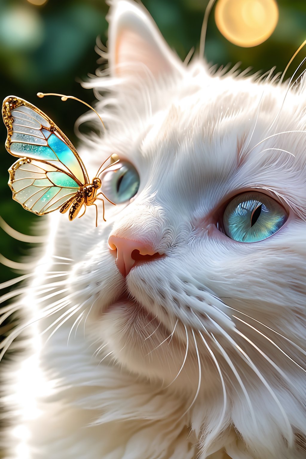 highly intricately detailed closeup side shot of a (crystal glass butterfly sitting on a fluffy white kitten's nose 1.6), ( sparkly glowing butterfly booping kitten's nose 1.5), in an enchanted garden, sparkles, centered, pastel! by cinematic, HD film still, uncropped, 8k, incredible depth, dramatic lighting