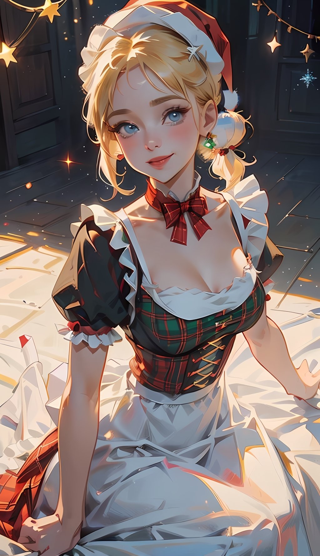 medium shot from waist up, ((1 girl, adorable, happy)), ((slim face)), ((maid, red and green plaid skirt, maid apron, dirndl, short sleeves, puffy sleeves)), ((santa hat)), (blonde hair, two ponytails, blue eyes, makeup), (large breasts, voloptuous), (sweet charm:1.3), falling snow, snowflakes, Christmas medieval village, surrounded by vibrant Christmas lights, sunlight from above to give heavenly feeling, scenery, soft, cozy, glitter.