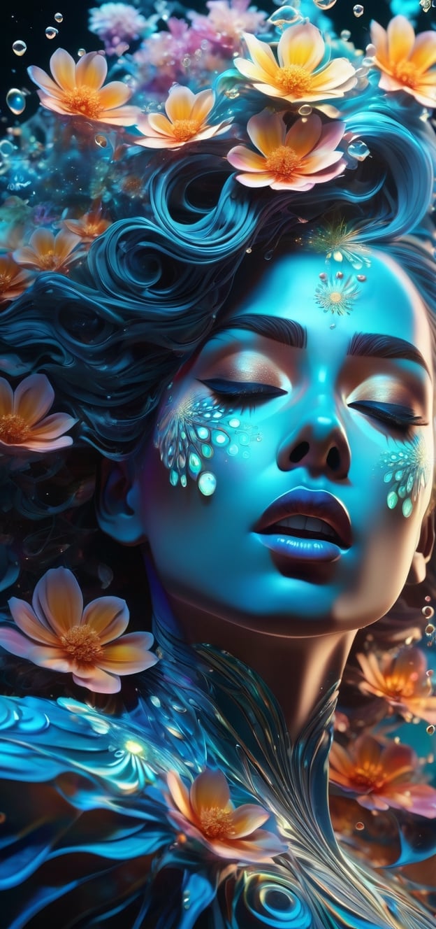 Intricate Image of a beautiful woman with translucent fractal bioluminescent skin, hyperdetailed face,  hyperdetailed eyes,  focus on eyes, UHD, flowy hair,  bacteria art elements, colorful rendition, arcane, flowercore,A girl dancing, petals flying with the wind, alberto seveso style, translucent body resembling steam in water, work of beauty elegance and complexity , intricate flowy dress 