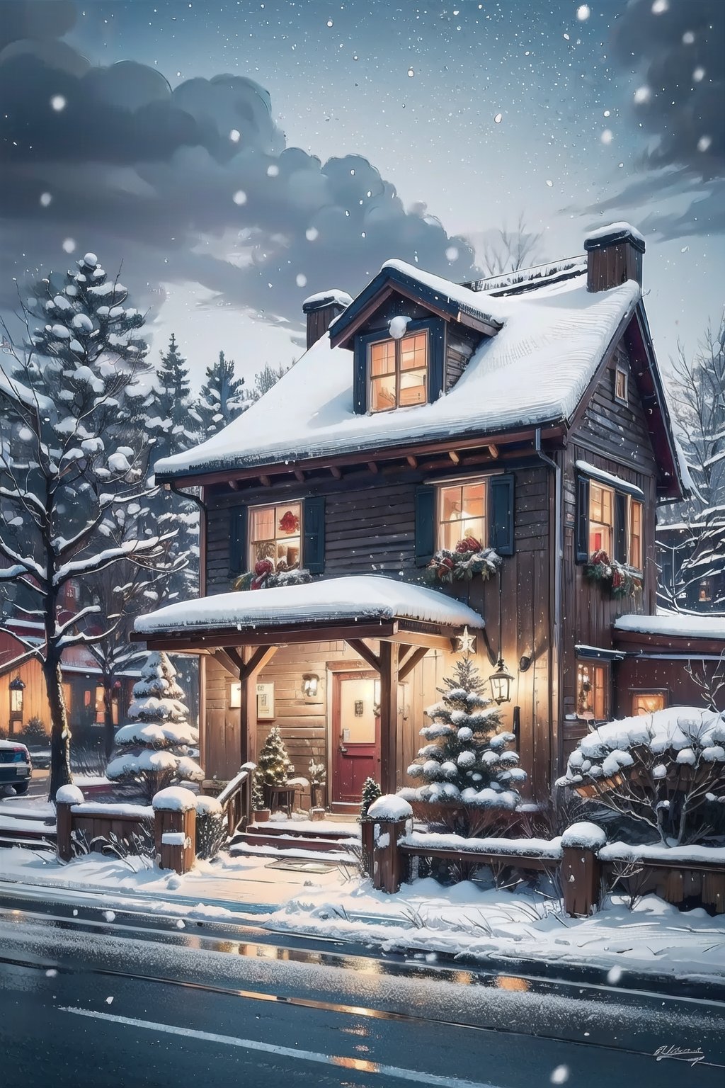 (, Masterpiece, hyper detailed,),vibrance hdr  Christmas theme decorated house, in winter California, detailed anime style, photorealistic