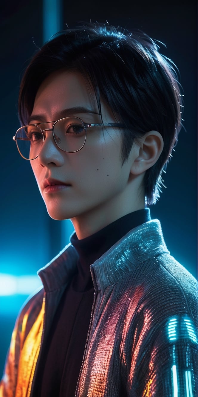 A strong and athletic mature Japanese man wearing a white jacket and a shirt,stubble,glasses, (upper body:1.2), (simple black background:1.2), (computer matrix), (digital dissolve:1.4), (cyborg), pale skin, (short hair), ((black hair)), (blue hair), (hair gradient:1.5), (glowing eyes:1.2), orange eyes, (looking at viewer), light smile, hand on own face, (black sweater, long sleeves:1.4), (masterpiece, best quality),Close mouth,
, smile, (oil shiny skin:1.3), (huge_boobs:2.4), willowy, chiseled, (hunky:2), body turn 46 degree, (perfect anatomy, prefecthand, long fingers, 4 fingers, 1 thumb), 9 head body lenth, dynamic sexy pose, breast apart, ((medium shot )), (artistic pose of a woman),photo r3al,neon style,simple background,NIJI STYLE,DonMChr0m4t3rr4XL ,DonMF41ryW1ng5XL,Strong Backlit Particles