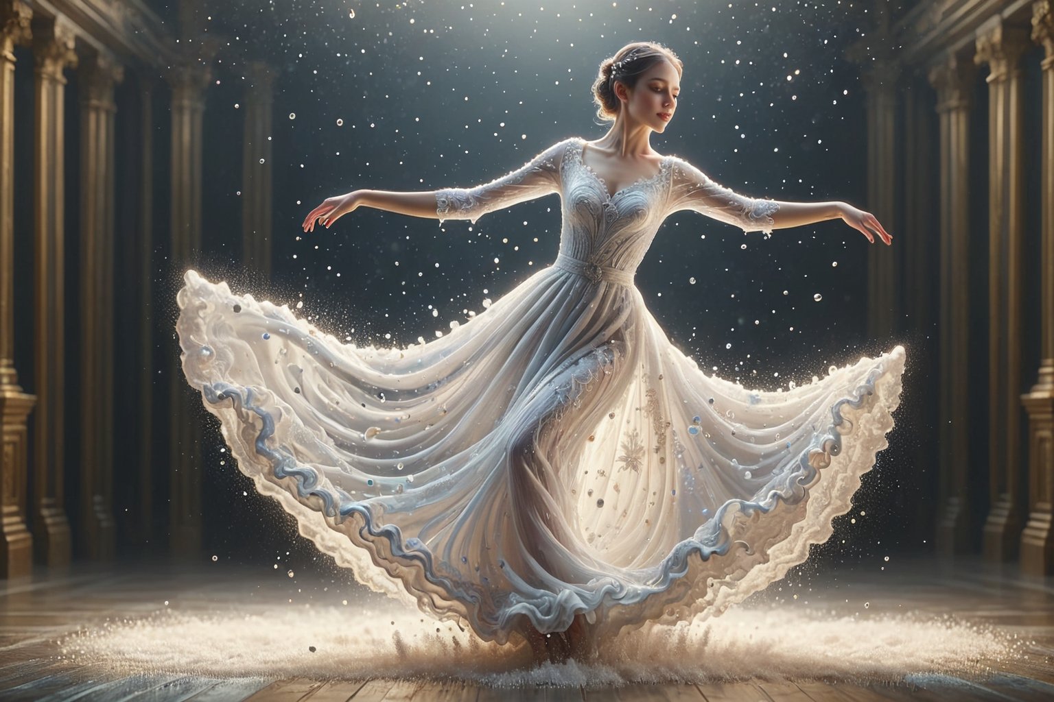 (8k, RAW photo, highest quality, Masterpiece: 1), (Photorealistic stick: 1.5) create a beautiful ukraine girl dancing with mik splash wedding dress , splashed,spray , subsurface scattering, translucent, 100mm,Movie Still,detailmaster2,Film Still,make_3d,aesthetic portrait,eyes shoot , full body , ballet pose , 1girl , beauty nose and mouth , A-line , flying wrap dress, secret,liquid dress,watce , background in dark studio , one_hand_raised , skirt vanish in another side  , dress look more liquid , tall girl , white water