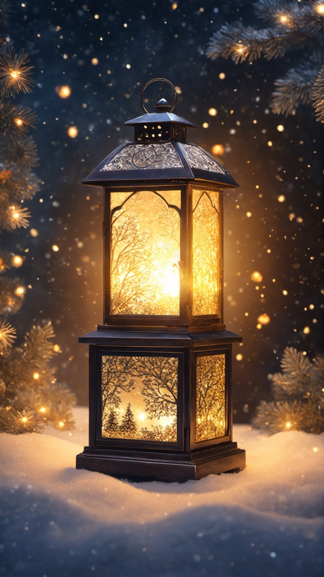 	space background, one holiday lamp-lantern, , abstract beautiful light, New Year's forest, fairy-tale mystical setting, beautiful New Year's motifs, mid-fantasy, inscribed in the holiday concept, stylish luxury packaging concept, symbolizing magic, fantastic atmosphere, professional shot, side view, hyper-realistic , 4K, hyper-realistic foreground