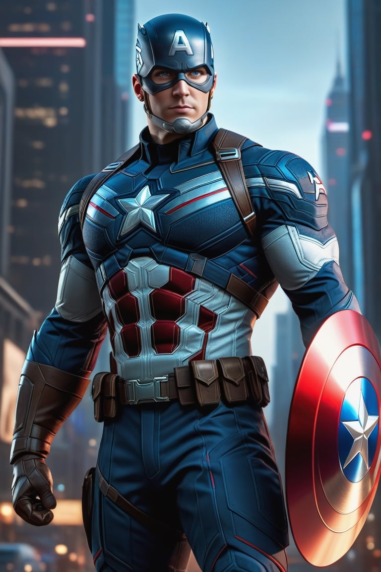 full body, facing camera, hero pose, looking at viewer, 3D rendering [Captain America], standing looking at viewer, well detailed blue eyes, muscles, highly detailed edges, perfect body, detailed with armor and neon cybernetics Light and dark red, futuristic city background, intricately detailed, hdr, 8k, subsurface scattering, specular lighting, high resolution, octane rendering, neon ray tracing,