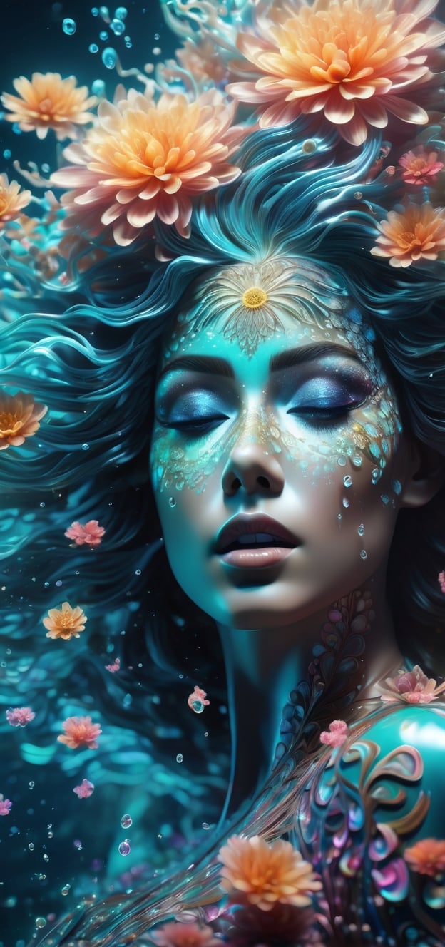 Intricate Image of a beautiful woman with translucent fractal bioluminescent skin, hyperdetailed face,  hyperdetailed eyes,  focus on eyes, UHD, flowy hair,  bacteria art elements, colorful rendition, underwater ,arcane, flowercore,A girl dancing, petals flying with the wind, alberto seveso style, translucent body resembling steam in water, work of beauty elegance and complexity 