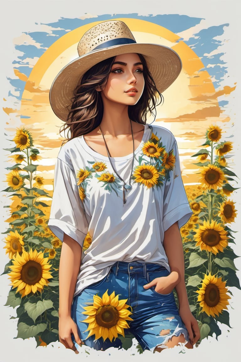 Leonardo Style, illustration, Masterpiece, (extremely detailed CG unity 16k wallpaper:1.1), (Denoising strength: 1.45), (masterpiece:1.37), ((Girl in straw hat looking back in a field of sunflowers)), (backlight), (best illumination, best shadow, an extremely delicate and beautiful), Girl on the center axis of the picture, small breasts, ((Sunflowers with the ultimate in detail)), beautiful detailed sky, Perfect body, (beautiful detailed face), extremely delicate and beautiful girls, Sunflower fields at sunset, sunset, black hair, beautiful detailed cloud, (((extremely detailed CG unity 8k wallpaper, ultra-, god rays, sparkle, glowing light, best quality, white background, Centred vector art,tshirt design
