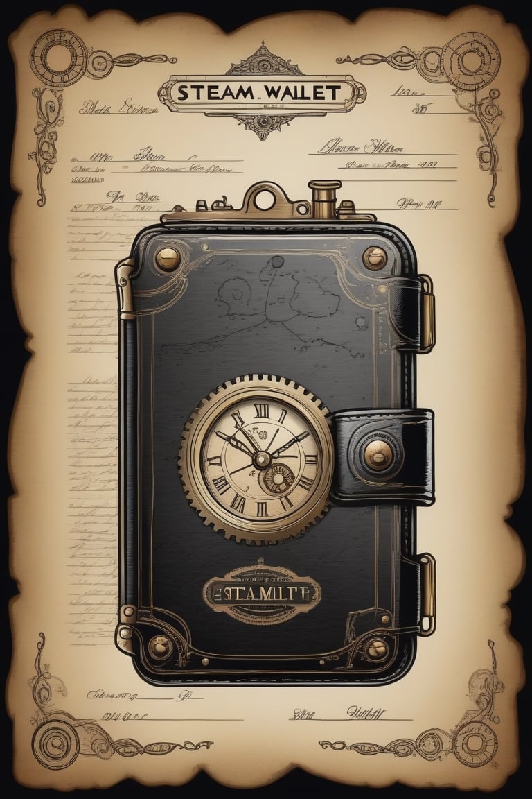 patent style drawing of steam wallet in ink on an old paper,(steampunk:1.2),old fashioned,nostalgie,black background