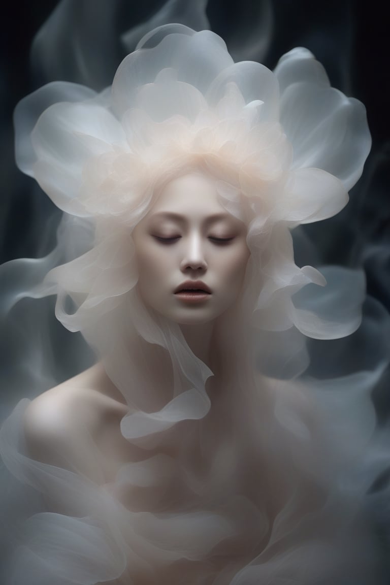 Create a spectral woman with a (translucent appearance:1.3), Her form is barely tangible, with a soft glow emanating from her gentle contours, The surroundings subtly distort through her ethereal presence, casting a dreamlike ambiance,xxmixgirl,NYFlowerGirl