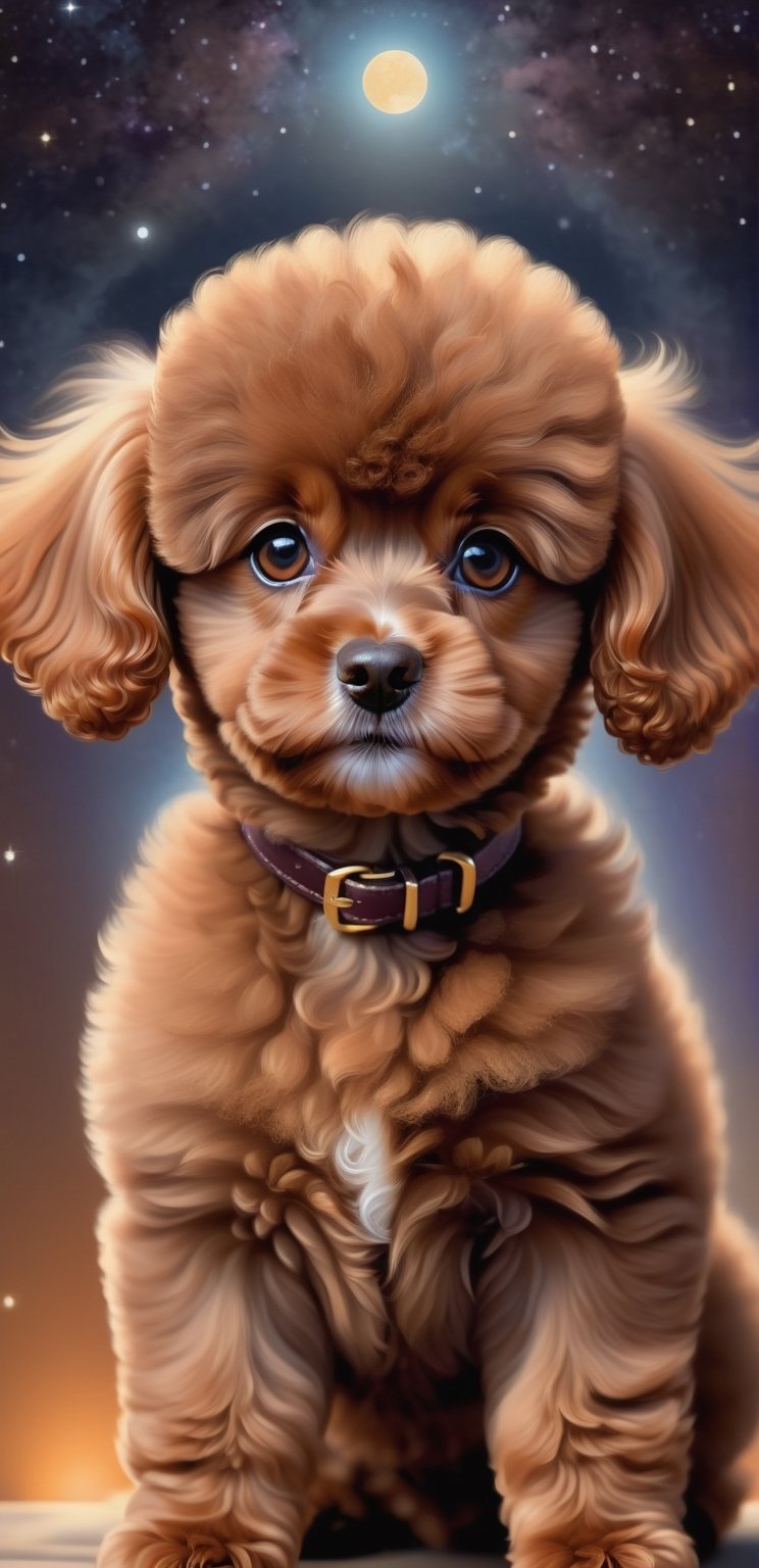 Perfect centering, Cute baby brown poodle, standing position, abstract beauty, centered, Looking at the camera, Facing the camera, Near-perfect, Dynamic, moonlit glow, highly detaild, digital painting, Art Station, concept-art, silky, Sharp focus, 8K, High-definition resolution, Illustration,