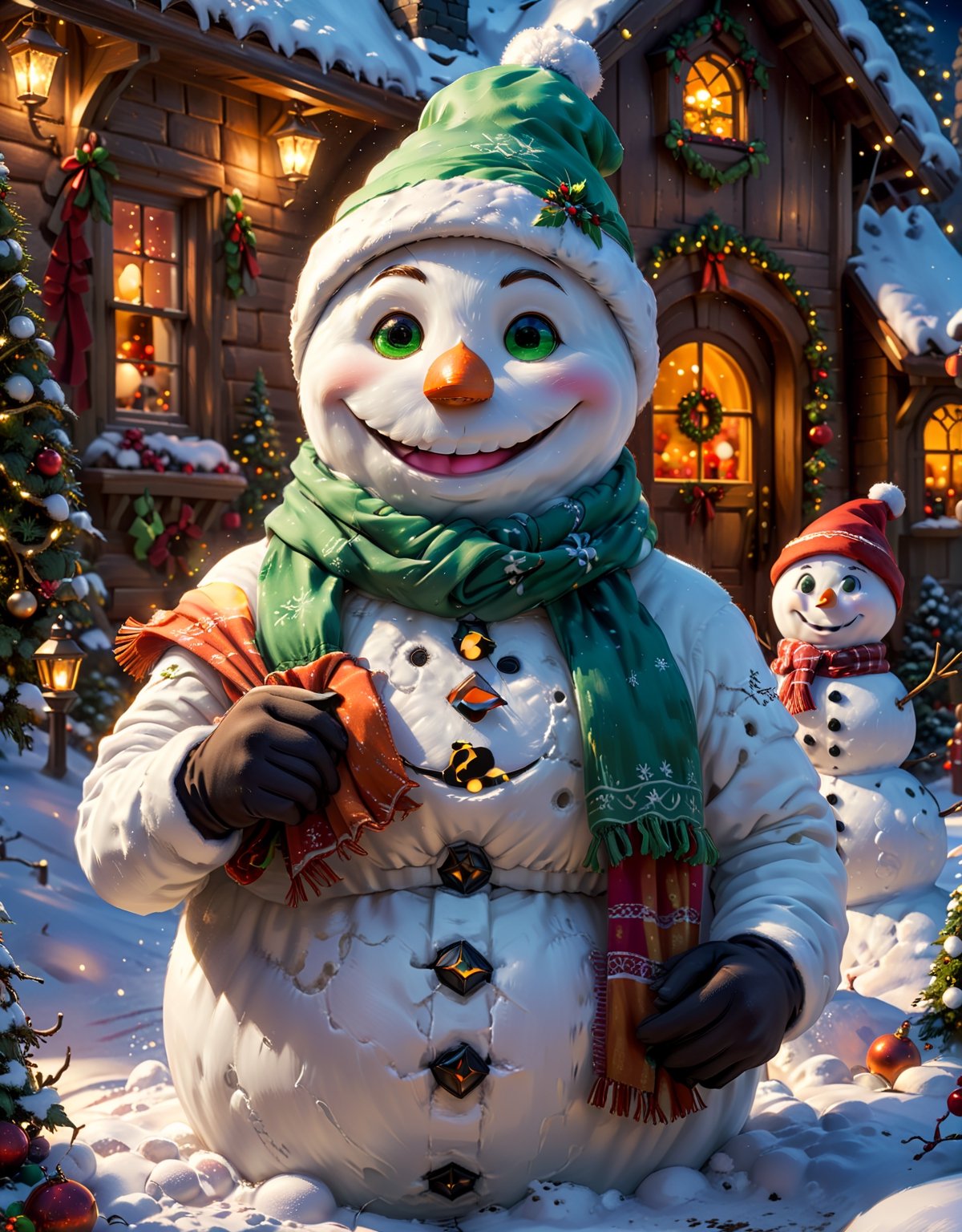 Masterpiece in maximum 16K resolution, realistic style with touches of fantasy, showcasing a beautiful snowman in a Christmas scene. | The snowman, wearing a charming scarf, a classic hat, and displaying big green eyes, is positioned in front of Santa's cozy house. Its carrot nose adds a charming touch, and its wooden hands are arranged in a welcoming manner, giving a beautiful smile. | The composition highlights the snowman in the foreground, with Santa's house in the background, creating a festive and warm atmosphere. The perspective emphasizes the friendly interaction of the snowman with the surroundings. | Night lighting effects enhance the details, with soft lights highlighting the snowman's face and hands. | Charming scene of a smiling snowman in front of Santa's house, creating a warm and festive atmosphere.