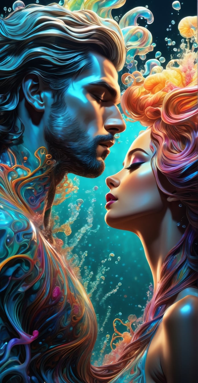 Intricate Image of a beautiful woman with flowy hair kissing a tall handsome man, hyperdetailed face, UHD,  bacteria art elements, colorful rendition, arcane, jellyfishcore, A girl dancing, alberto seveso style, translucent body resembling steam in water, work of beauty elegance and complexity ,arcane style