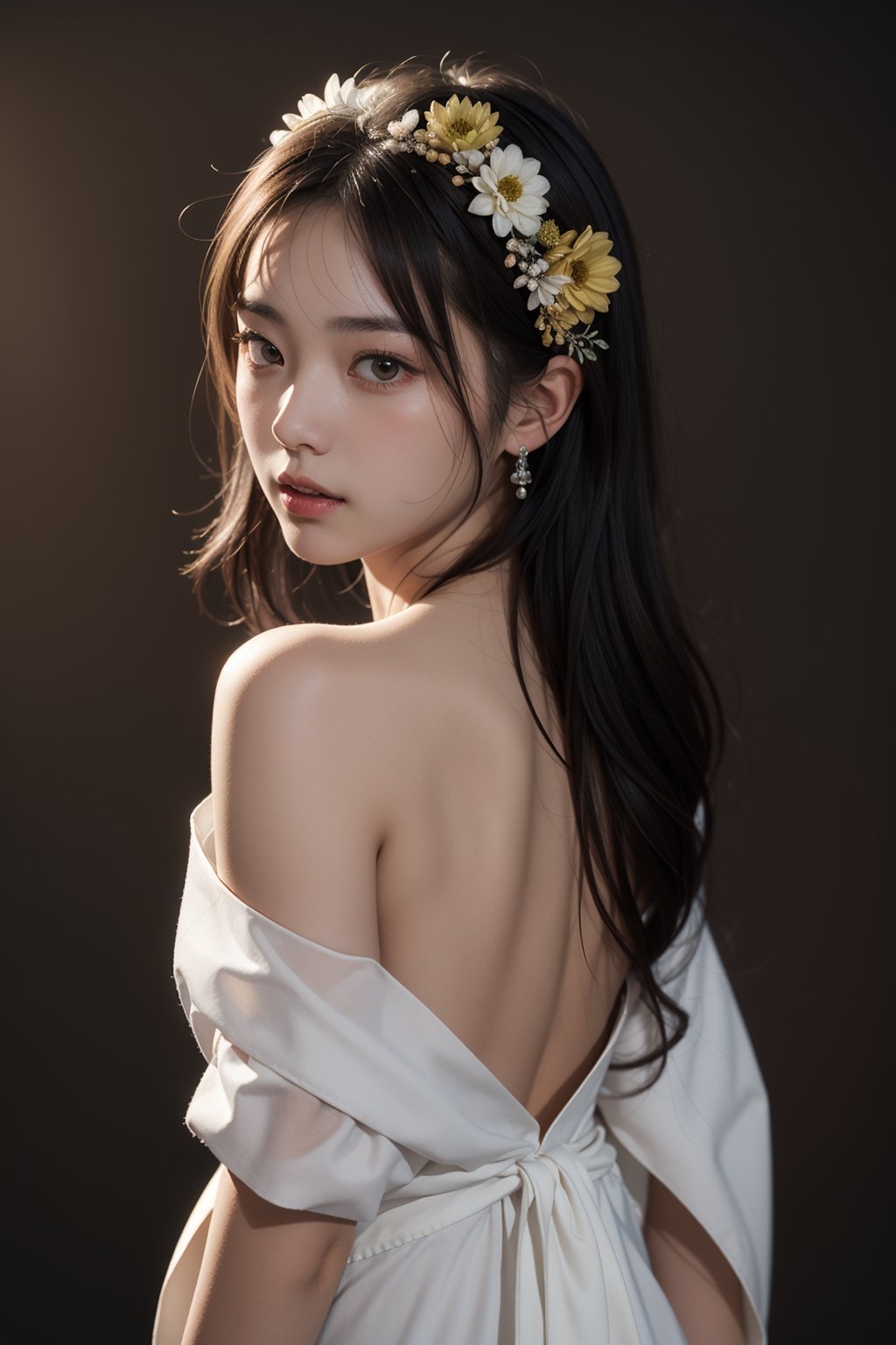 Generate picture, half-length portrait photography, Chinese female, 25 years old, slightly fat, wearing white off-shoulder gauze, with dried flower ornaments on her head, holding a bouquet of dried flowers in her hand, looking back from the right side to the camera, the background is smaller Dark, brown textured background cloth, backlight outline of hair, right side light shot, low key lighting.