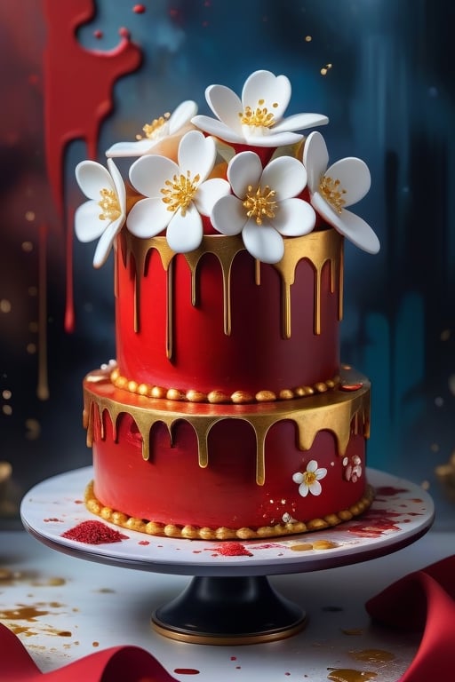 wedding cake, remodernism,red cake with small gold and white flower with  paint push  scattered the cake,masterpiece 8k wallpaper, art photography, manga drawing, an airbrush painting, vibrant oil painting, beautiful matte art, LitRPG, extremely detailed, neo-blie romanticism, DSLR, HDR