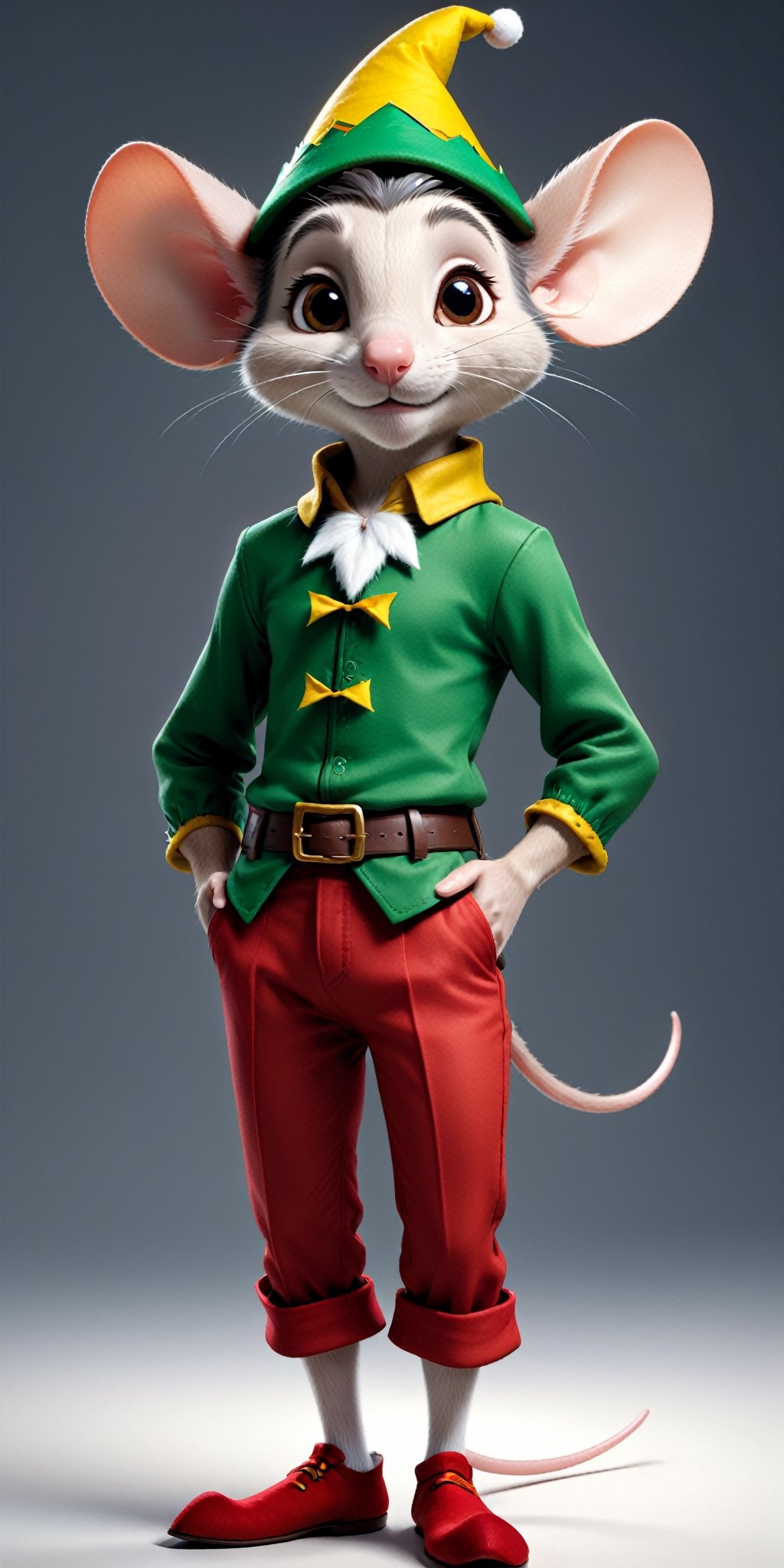 Craft a perfect 3D animation style image featuring Raton Perez. Picture the mouse wearing an Elf. Capture the attitude of this stylish character, with its hands casually tucked inside pant pockets. Encourage artists to bring the perfect blend of style and animation to life in a visually striking composition that showcases the character's cool and fashionable persona.