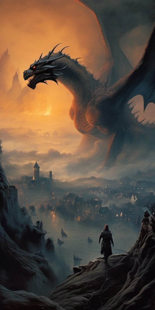 dark fantasy art style,  knight fighting a giant fantasy dragon, burned village in background, highly detailed, morning dawn, (mystical dense fog), oil and watercolor painting, epic scene, (dense smoke by Kim Keever), dark, moody, dark fantasy in style of Frank Frazetta, Bosstyle, , ,sci-fi,Movie Still