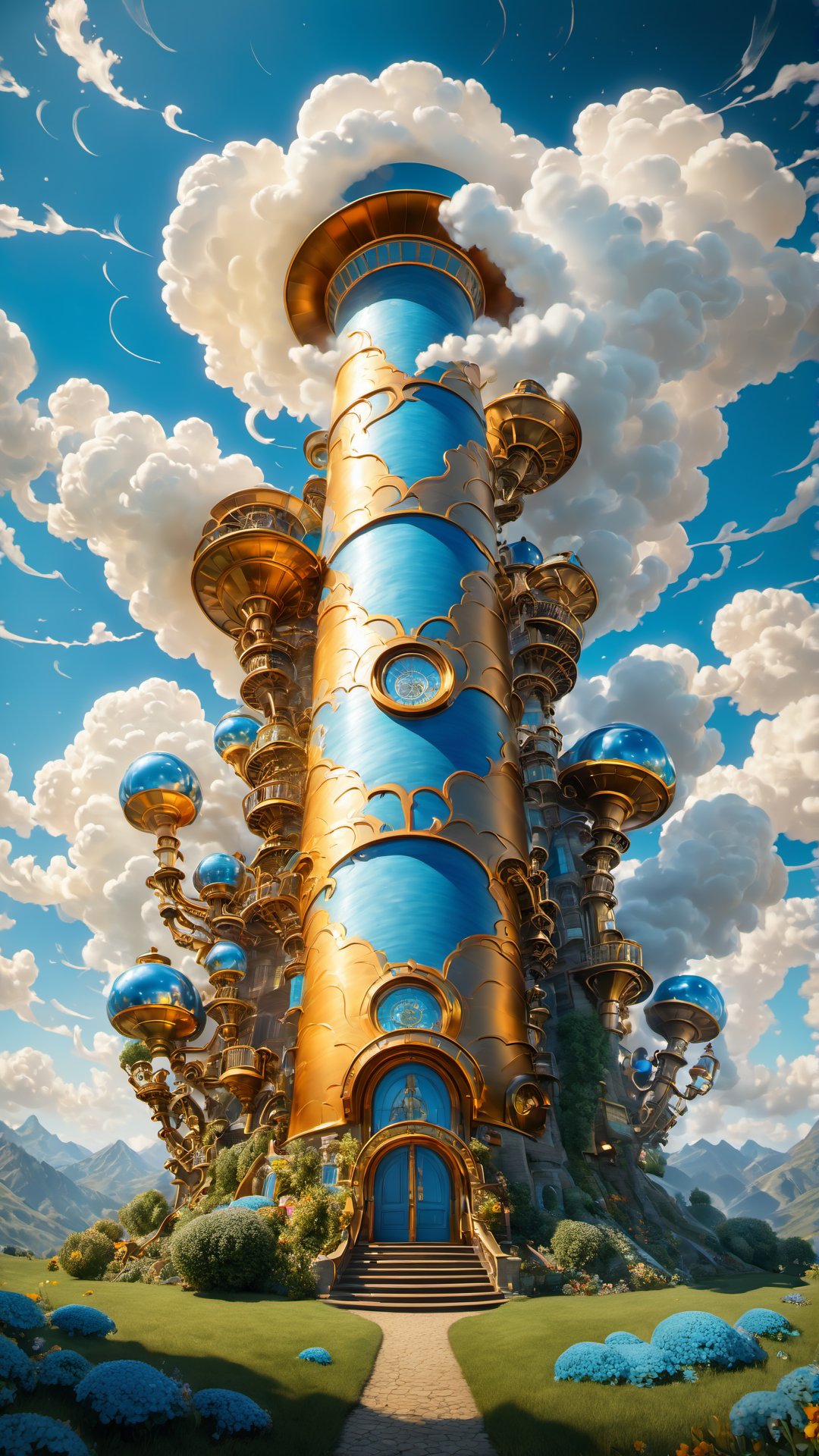 Willy Wonka looking at his candy factory, with a blue cloudy sky. A epic image illustration, intricate, photo-realistic, hyper-detailed, happy, perfect eyes, magic, best quality, movies, tales, dapper clothes, masterpiece, ultra highres, (photo realistic:1.4), Cinematic, 35mm lens, f/ 1. 8, 8k, sky, nature, (good luck light), perfect composition, beautiful detailed, intricate, insanely detailed, octane render, trending on artstation, 8k, artistic photography, photorealistic, concept art, soft natural volumetric cinematic perfect light, chiaroscuro, award-winning photograph, masterpiece, oil on canvas, photorealism, in the style of artgerm, extravagant imagination, exaggerated, warm light, neon ambiance, abstract,  ((masterpiece, hires, best quality, award-winning))