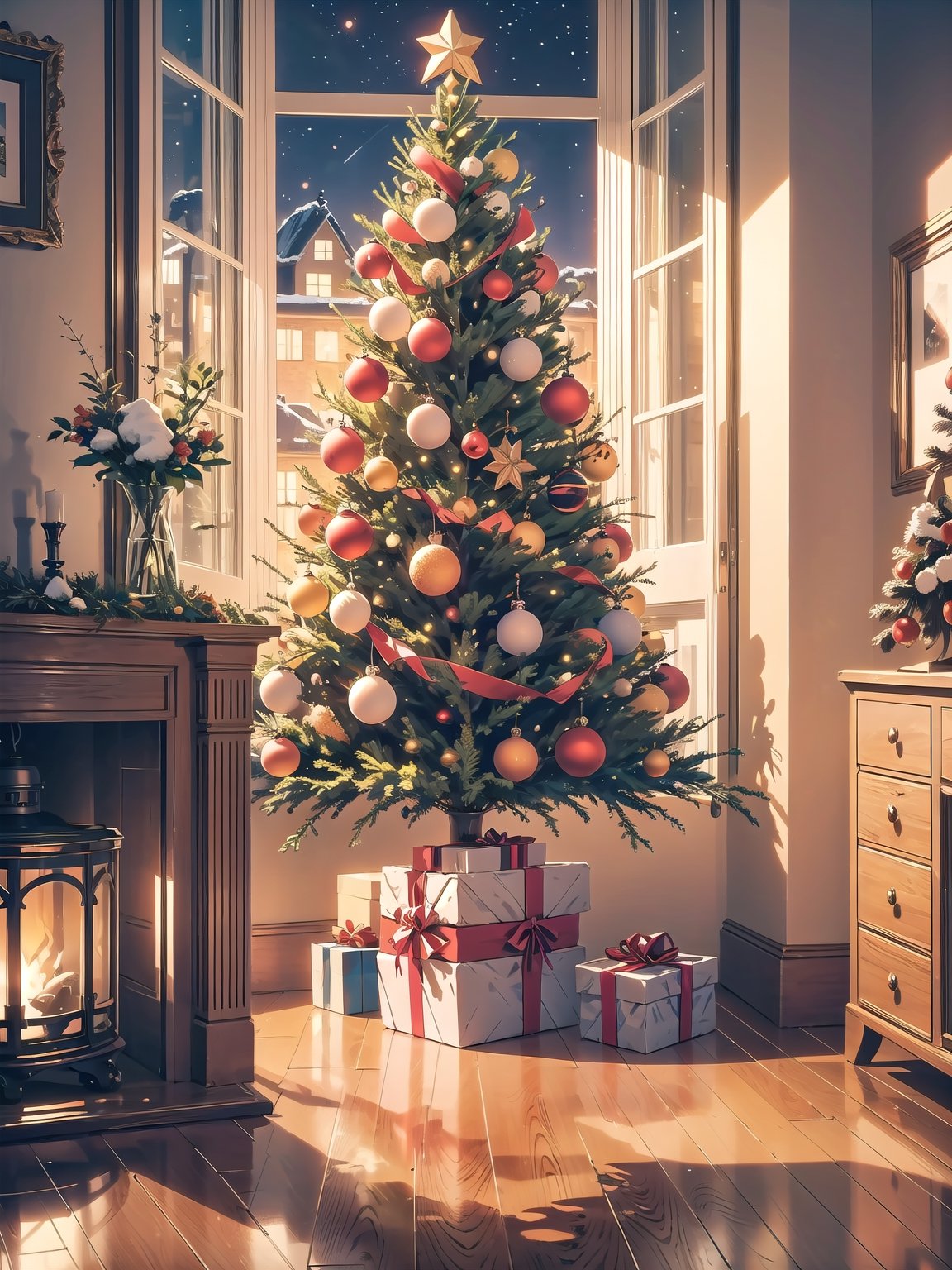 masterpiece, best quality, living room, wooden floor, christmas decorations, christmas tree, lights, window, snow, (night:1.2), snow, gift
