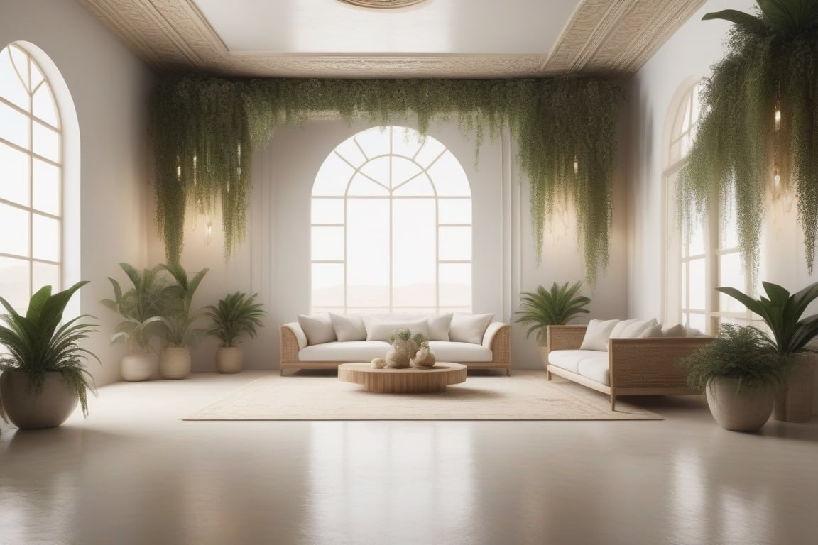 commercial photorealistic,living room in the style of Hanging Gardens of Babylon,floor is covered with sand,white background,dramatic studio lighting