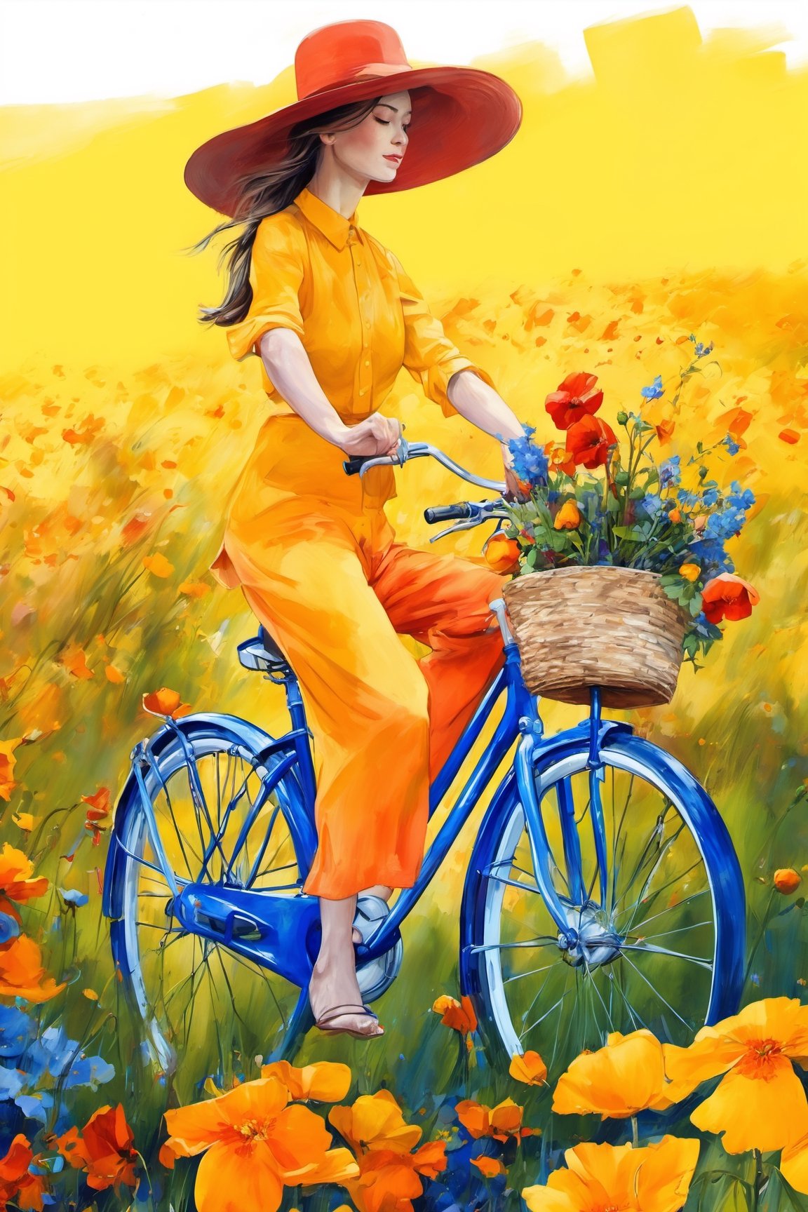 FieldSauce, flower, a woman on the white bycicle, ,yellow flower, big hat, short pant, solo, orange flower, blue flower, bicycle, walking, shoes, from side, field, red , blue 
sky background, long sleeves, wide shot, red flower, ground vehicle,ink 