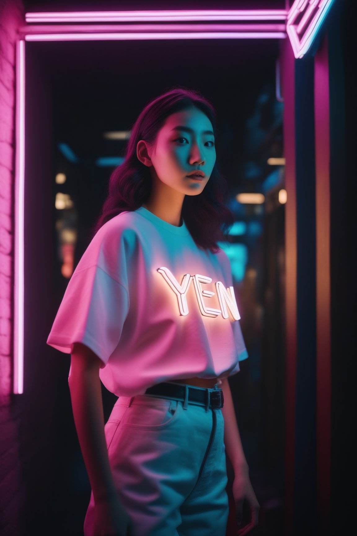  A young woman holding a neon sign that says "YEN" realism, casual creative fashion cinematic outfit photo, cinematic pastel lighting, 80s neon movie still, 