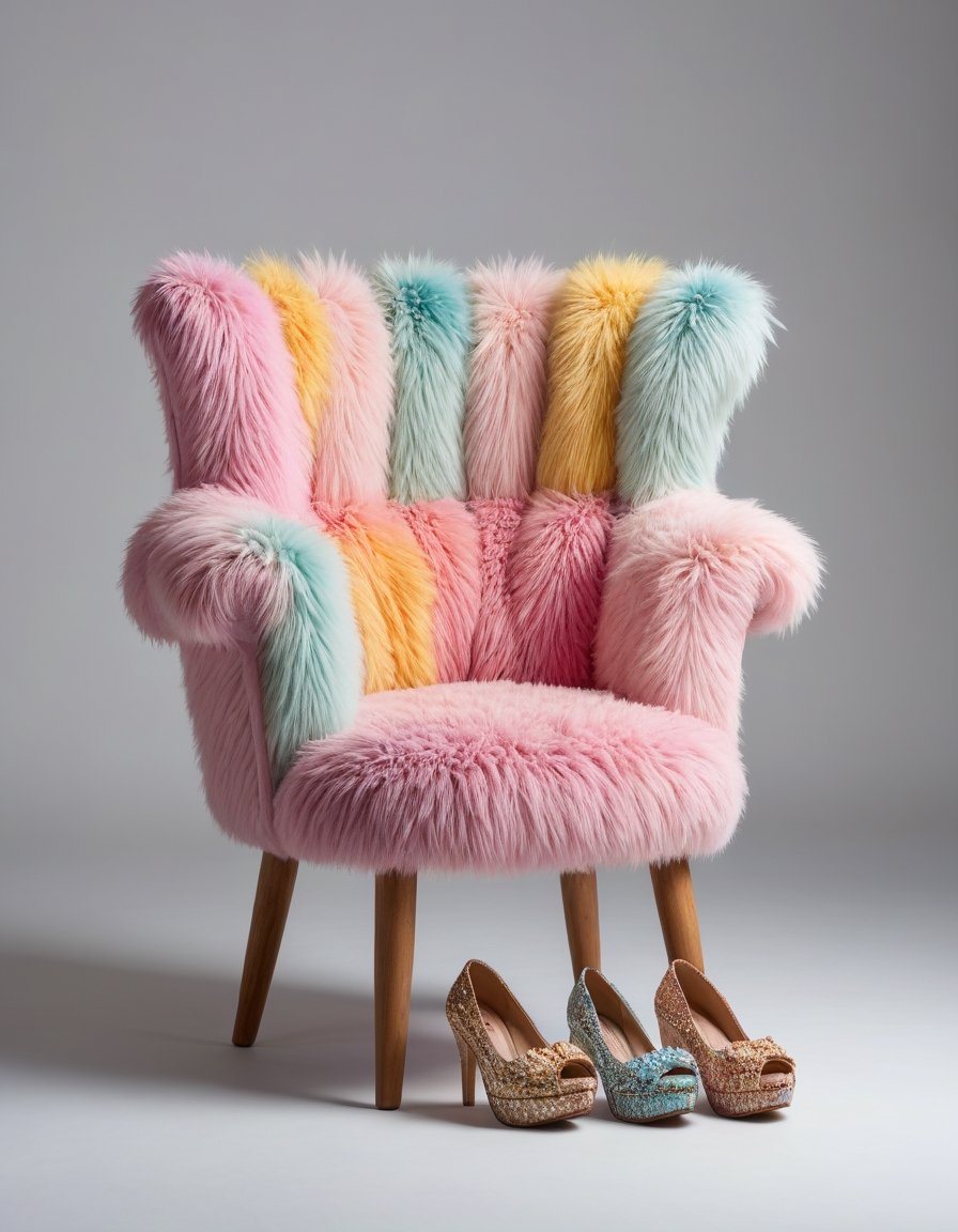 furniture where a chair wears shoes like a person wears shoes, chairs placed on shoes, furniture, a chair in a colorful fluffy texture, front view, studio, PHOTO, STUDIOLIGHT, white background, product photo, closeup, 4k
