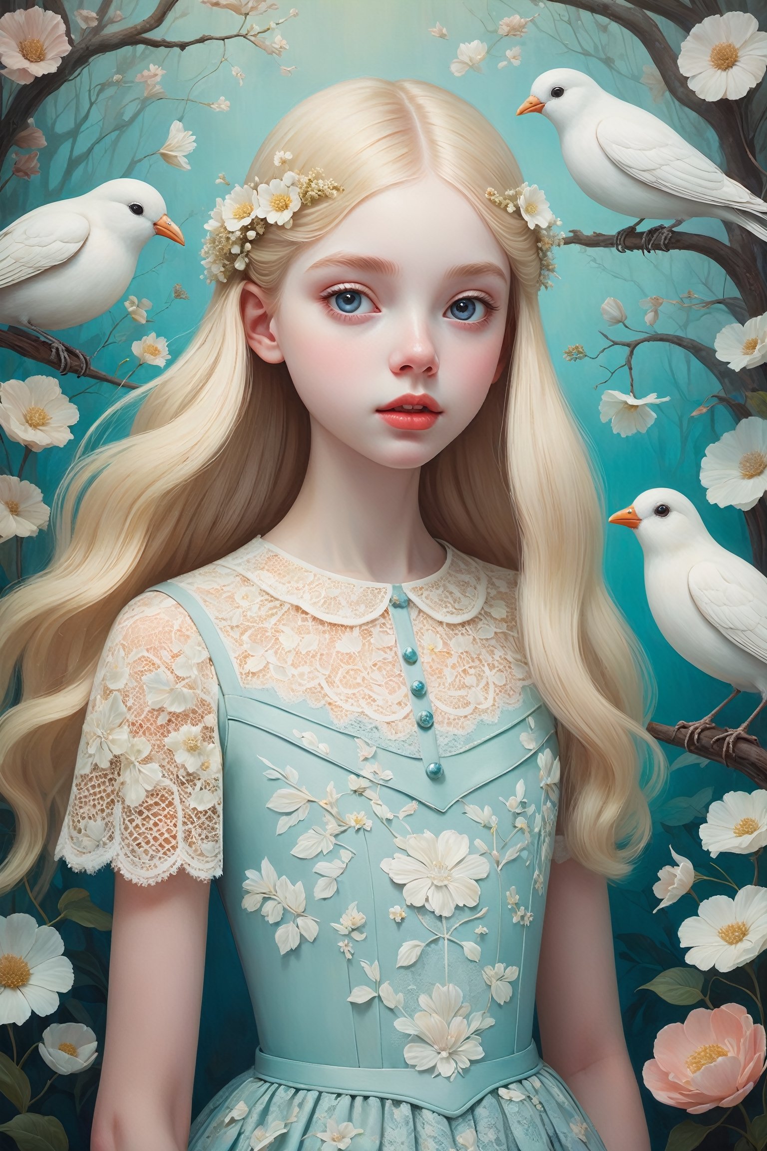 Oil painting of a 16 year old girl with a ghostly white face, huge round eyes, super small nose and mouth, long blonde hair, lace dress, soft color, dreamlike, surrealism, background with birds and flowers, intricate details, 3D rendering, octane rendering. Art in pop surrealism lowbrow creepy cute style. Inspired by Ray Caesar. Vintage art, opaque colors, light grain, indirect lighting.
