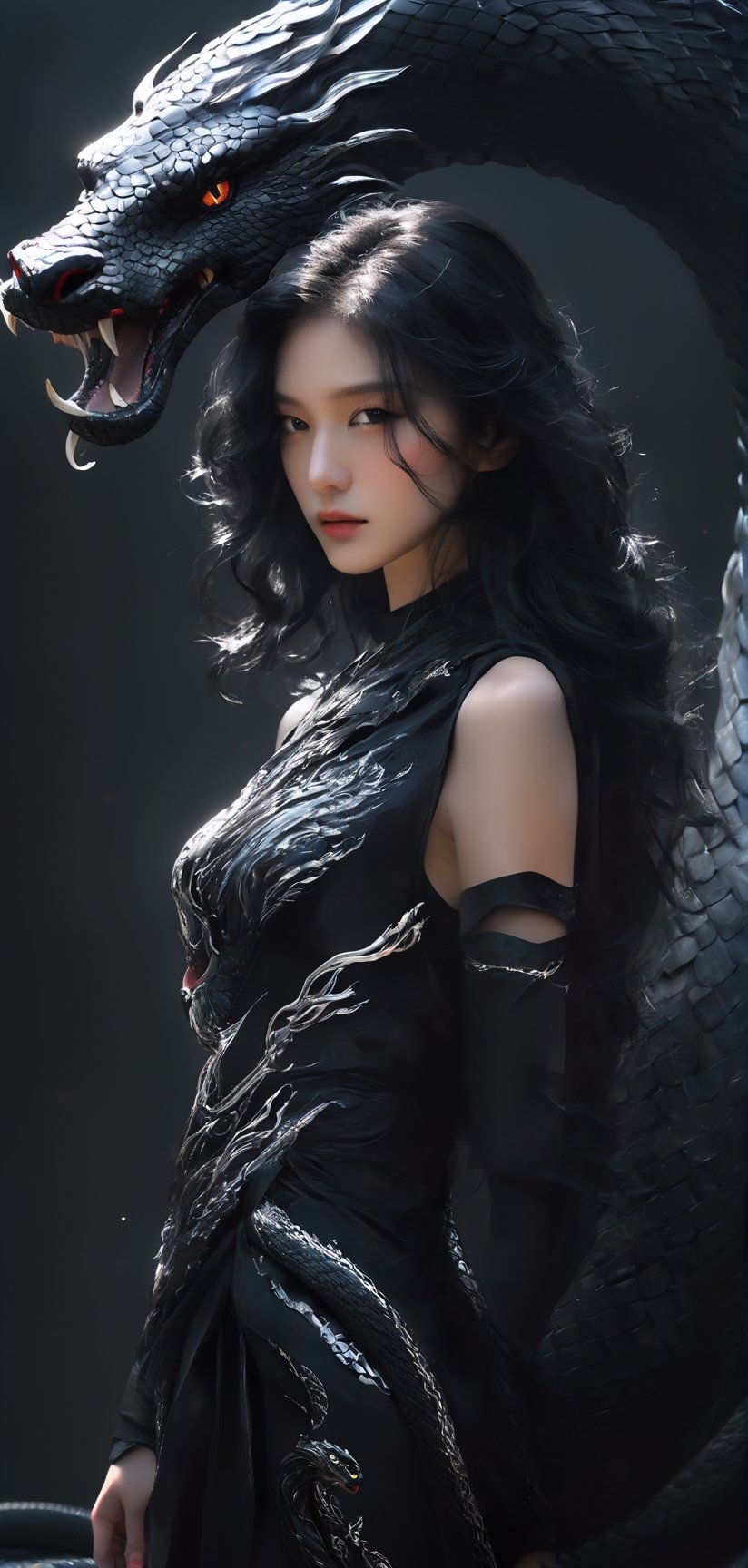 woman 20 years old wearing a black armor-dress, she has black wavy hair with a streak of white hair, around her a powerful serpent is her pet, fantasy art, raytraced, light particles, art by Mschiffer