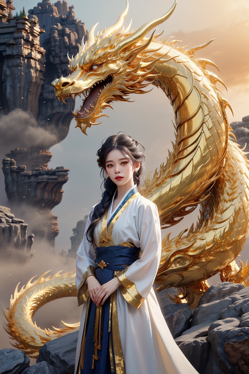 masterpiece, top quality, best quality, official art, beautiful and aesthetic:1.2), (1girl:1.3), , girl, blue hair, hanfu fashion, chinese dragon,  white dragon, (golden theme:1.5), volumetric lighting, ultra-high quality, photorealistic, misty rock moutain background,AgoonGirl