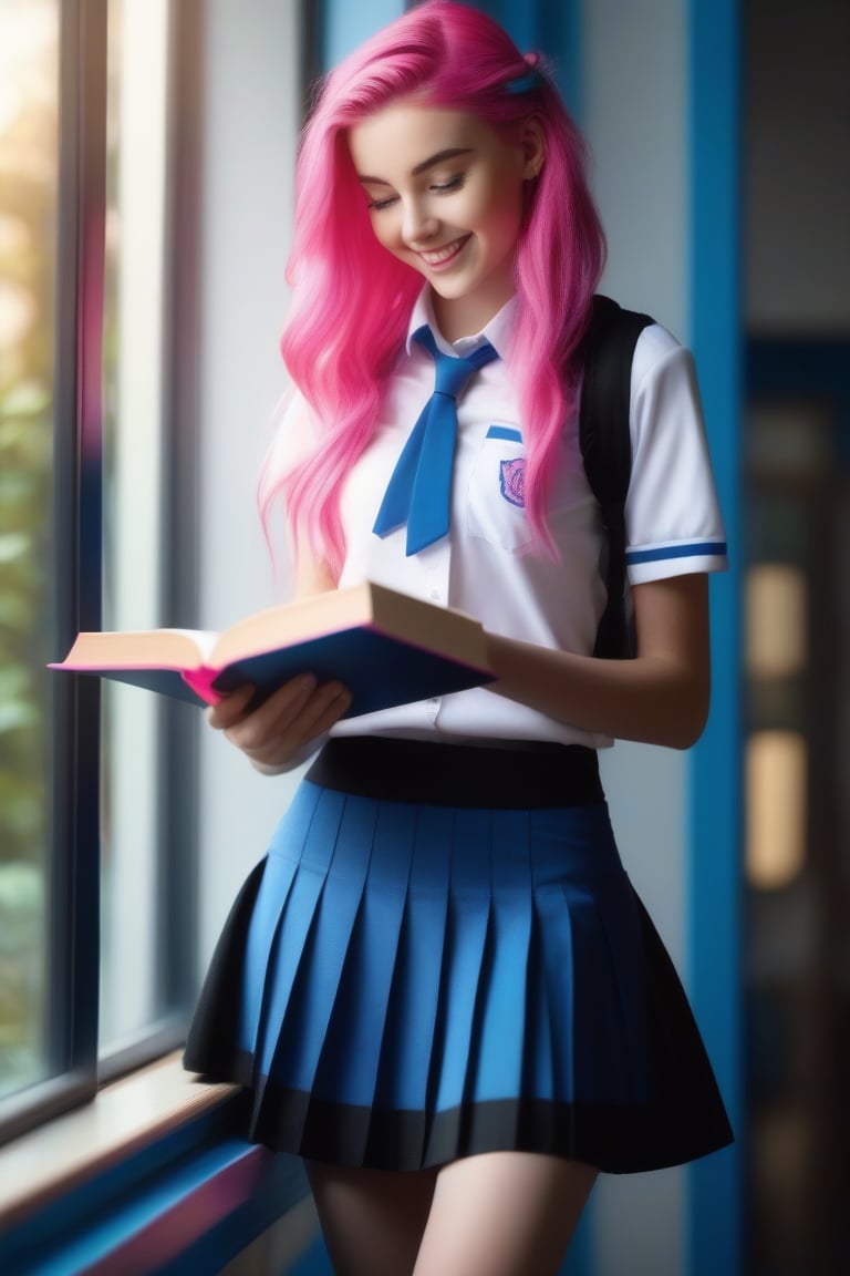 UHD 8K hyper realistic image of a very beautiful, fun and smiling young girl, full body, tall model (medium chest), (skinny waist). (blue eyes), (long hot pink hair). ((schoolgirl uniform with black and blue miniskirt)), ((lying down, back, studying a book with the evening light coming through the window))