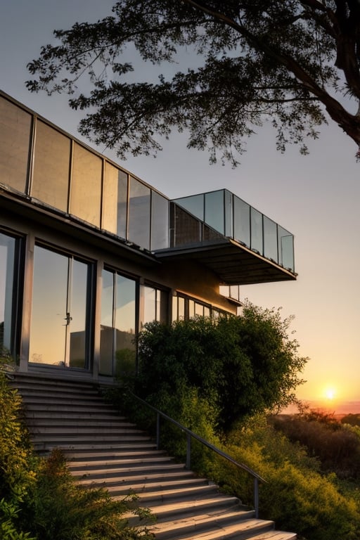 outdoors, sky, tree, no humans, window, plant, building, scenery, stairs, bush, house, sunset, human walkin