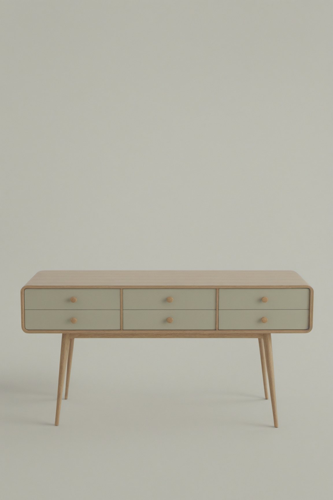 (best quality,  highres,  ultra high resolution,  masterpiece,  realistic,  extremely photograph,  detailed photo,  8K wallpaper,  intricate detail,  film grains),  High definition photorealistic photography of ultra luxury, Design concept for a center table with drawers, entirely crafted from assembled wood in a Scandinavian style. Featuring rounded corners, fine woodwork, and pastel colors. The table should be showcased empty against a neutral backdrop, embodying the serene and tranquil essence of Scandinavian minimalism. This is a photographic scene designed with advanced photography, CGI, and VFX parameters, in high definition, ensuring flawless execution, high level of intricacy in the image.