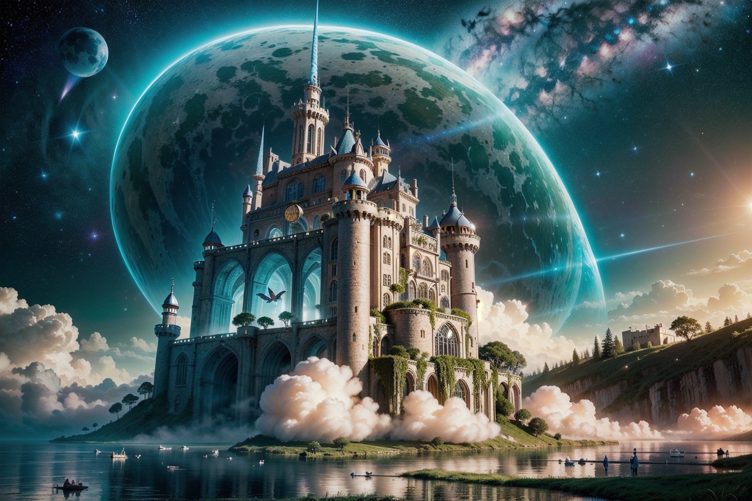 photorealistic photography in high definition, of a mystical fantasy scene, of a luxurious castle in the shape of dragon wings, with flowers and butterflies, and a magical lake surrounded by mushrooms, and a unicorn, inspired by Alice in Wonderland , as if it were a fairy tale, with Interstellar Space visible in the sky.