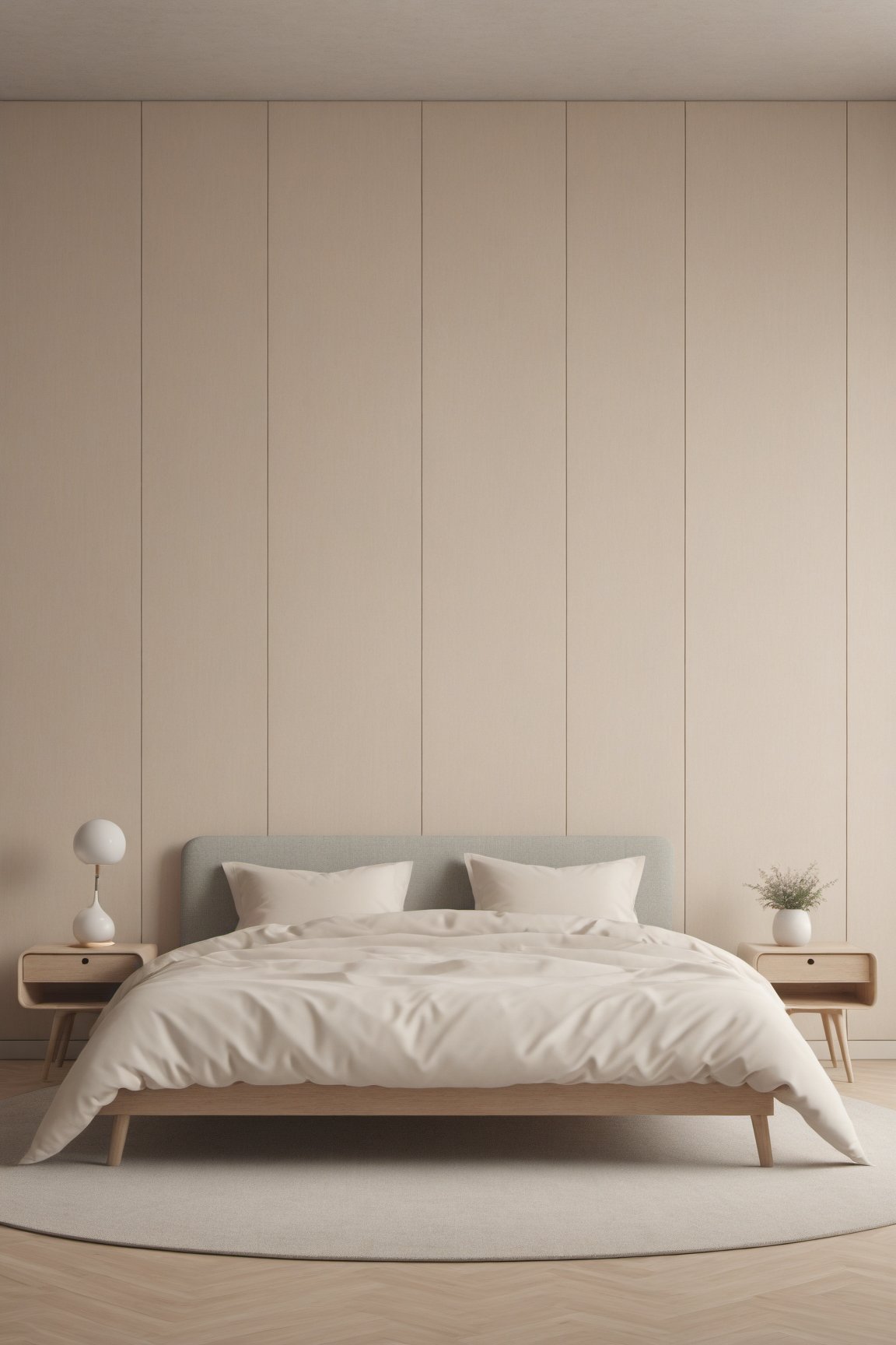 (best quality,  highres,  ultra high resolution,  masterpiece,  realistic,  extremely photograph,  detailed photo,  8K wallpaper,  intricate detail,  film grains),  High definition photorealistic photography of ultra luxury, Design concept for a bed on a room, entirely crafted from assembled wood in a Scandinavian style. Featuring rounded corners, fine woodwork, and pastel colors. The bed should be showcased empty against a neutral backdrop, embodying the serene essence of Scandinavian minimalism. This is a photographic scene designed with advanced photography, CGI, and VFX parameters, in high definition, ensuring flawless execution, high level of intricacy in the image.