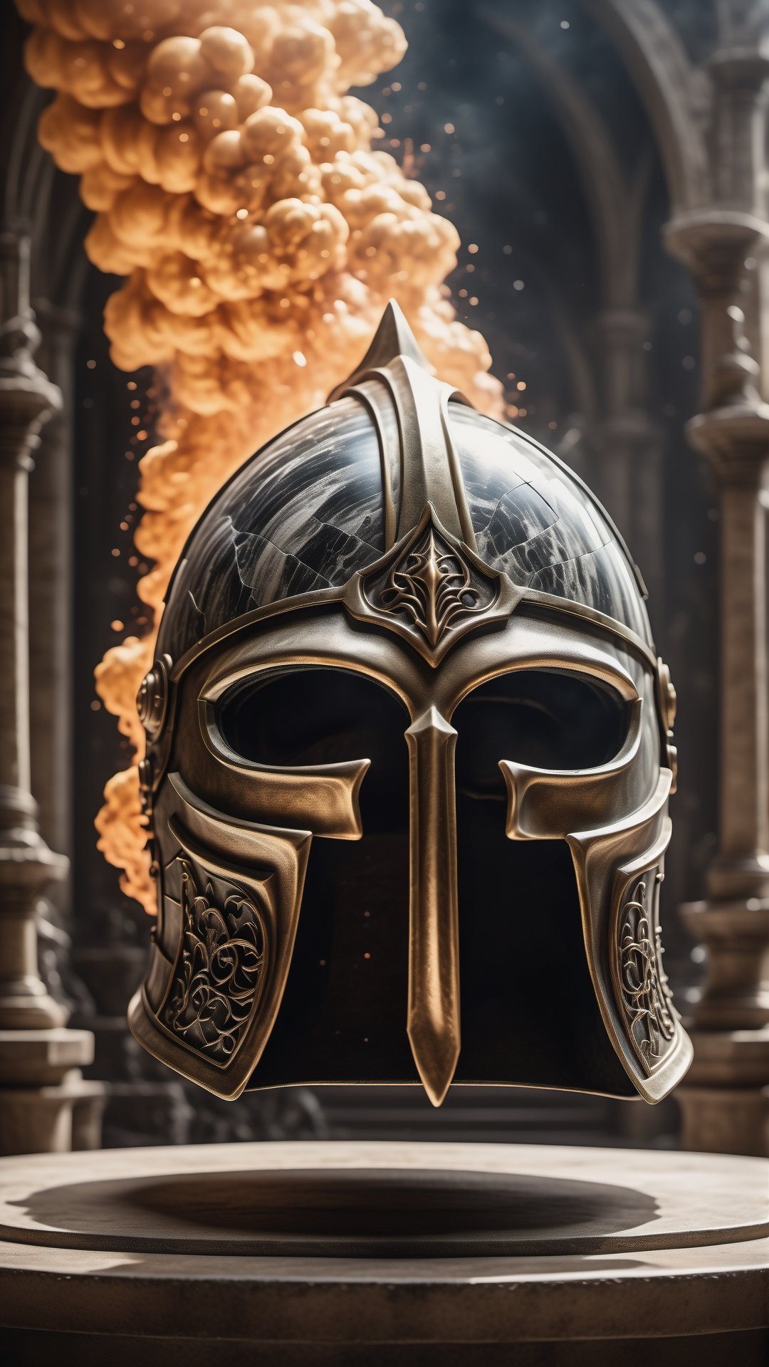 (best quality,  highres,  ultra high resolution,  masterpiece,  realistic,  extremely photograph,  detailed photo,  8K wallpaper,  intricate detail,  film grains),  High definition photorealistic photography of ultra luxury,  Design concept of premium collectible Gothic and Medieval-style gladiator helmet, set in a chaotic environment with swirling fire particles and a Gothic castle in the background. A luxurious design featuring marble,  glass,  and golden metal,  with black and white details. The design is inspired by the main stage of Tomorrowland 2022,  with ultra-realistic gothic details and a high level of intricacy in the image.