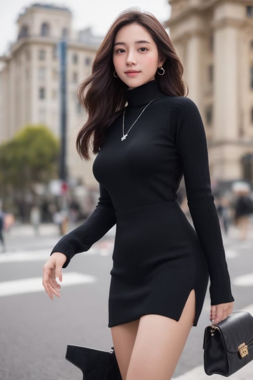 background is street,the Arc de Triomphe,triumphal arch,Paris,
18 yo, 1 girl, beautiful korean girl,
wearing tight black sweater(turtle neck,simple),tight leather short skirt,black long boots,shoulder bag, smile, solo, {beautiful and detailed eyes}, dark eyes, calm expression, delicate facial features, ((model pose)), Glamor body type, (dark hair:1.2), simple tiny earrings, simple tiny necklace,very_long_hair, hair past hip, bangs, curly hair, flim grain, realhands, masterpiece, Best Quality, 16k, photorealistic, ultra-detailed, finely detailed, high resolution, perfect dynamic composition, beautiful detailed eyes, eye smile, ((nervous and embarrassed)), sharp-focus, full_body, cowboy_shot,