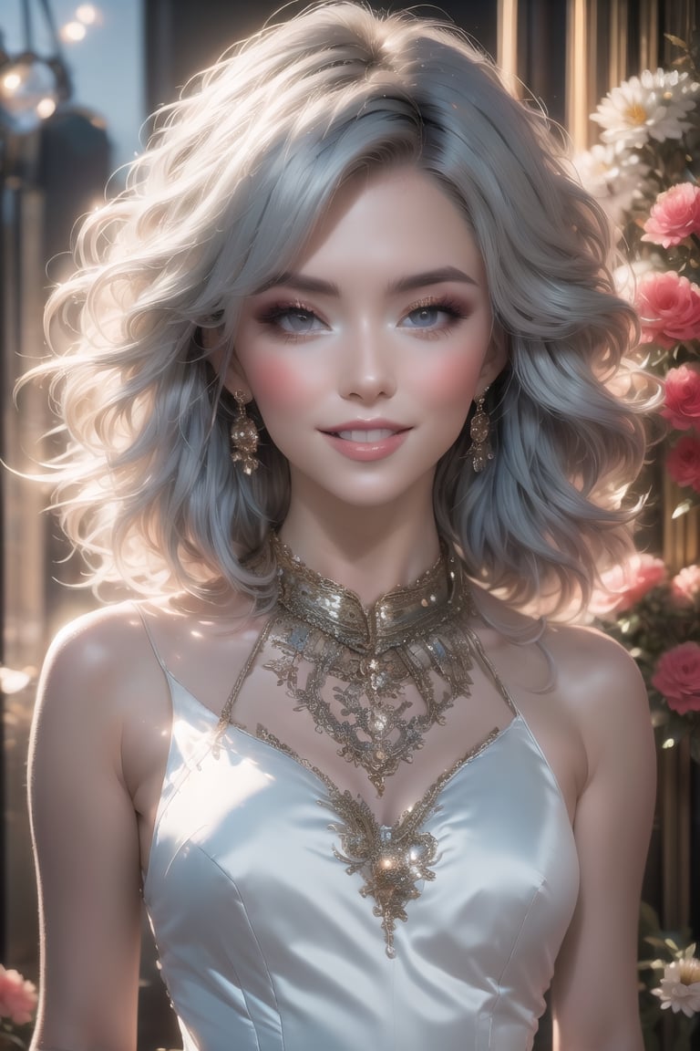 nsfw, 21yo girl, (1 cute girl), (white hair), grey eyes, wearing a beautiful light blue lace dress. pale skin, (flower art background), eye_detail, multi coloured flower background, face_detail, hair_detail with red flower, smile, more_detail, add_detail, add detailed, cute_face, corset, (upper body shot), (dynamic poses),ChopioDestiny,1 girl