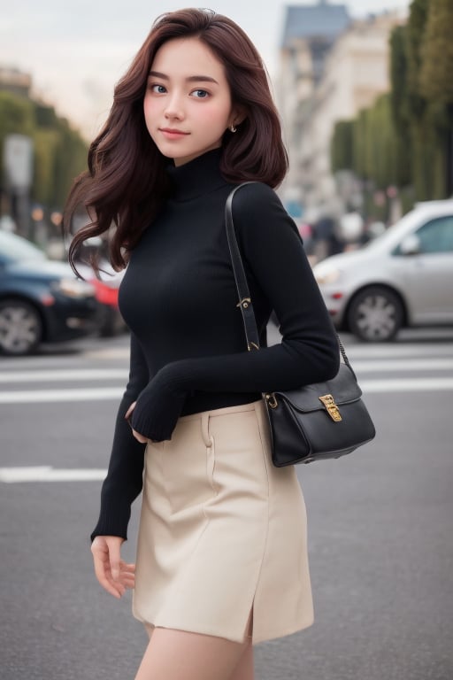 background is street,the Arc de Triomphe,triumphal arch,Paris,
18 yo, 1 girl, beautiful korean girl,
wearing tight black sweater(turtle neck,simple),tight leather short skirt,black long boots,shoulder bag, smile, solo, {beautiful and detailed eyes}, dark eyes, calm expression, delicate facial features, ((model pose)), Glamor body type, (dark hair:1.2), simple tiny earrings, simple tiny necklace,very_long_hair, hair past hip, bangs, curly hair, flim grain, realhands, masterpiece, Best Quality, 16k, photorealistic, ultra-detailed, finely detailed, high resolution, perfect dynamic composition, beautiful detailed eyes, eye smile, ((nervous and embarrassed)), sharp-focus, full_body, cowboy_shot,