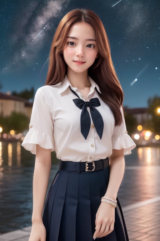 masterpiece, best quality, 1 girl, solo, ((an extremely delicate and beautiful)),school uniform, italian girl ,age 18, milky white skin,beautiful detailed eyes, at night , beautiful starry sky,Provocative,Fashionista ,Wonder of Art and Beauty,wonder of beauty