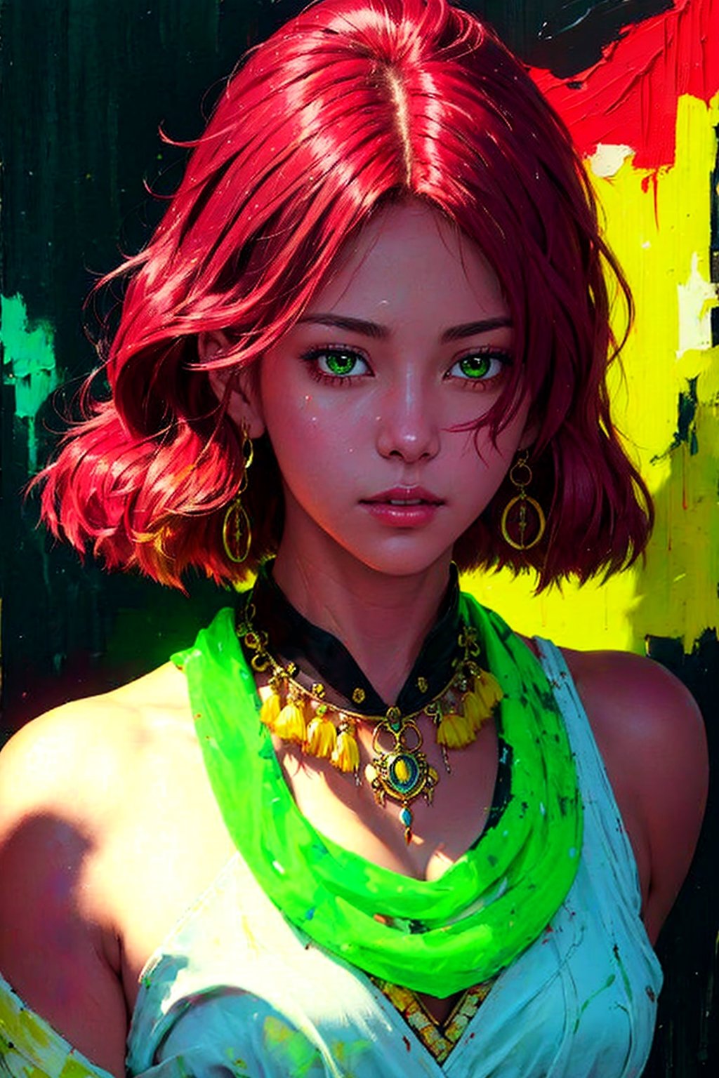 1girl, solo, Yukina, oil painting, impasto, looking at viewer, a young woman, 32 years old, red hair, shoulder length hair, green eyes, muscular body, tribal necklace, urban psychedelic outfit, psychedelic  background, masterpiece, nijistyle, niji, ,sciamano240, soft shading, yukina