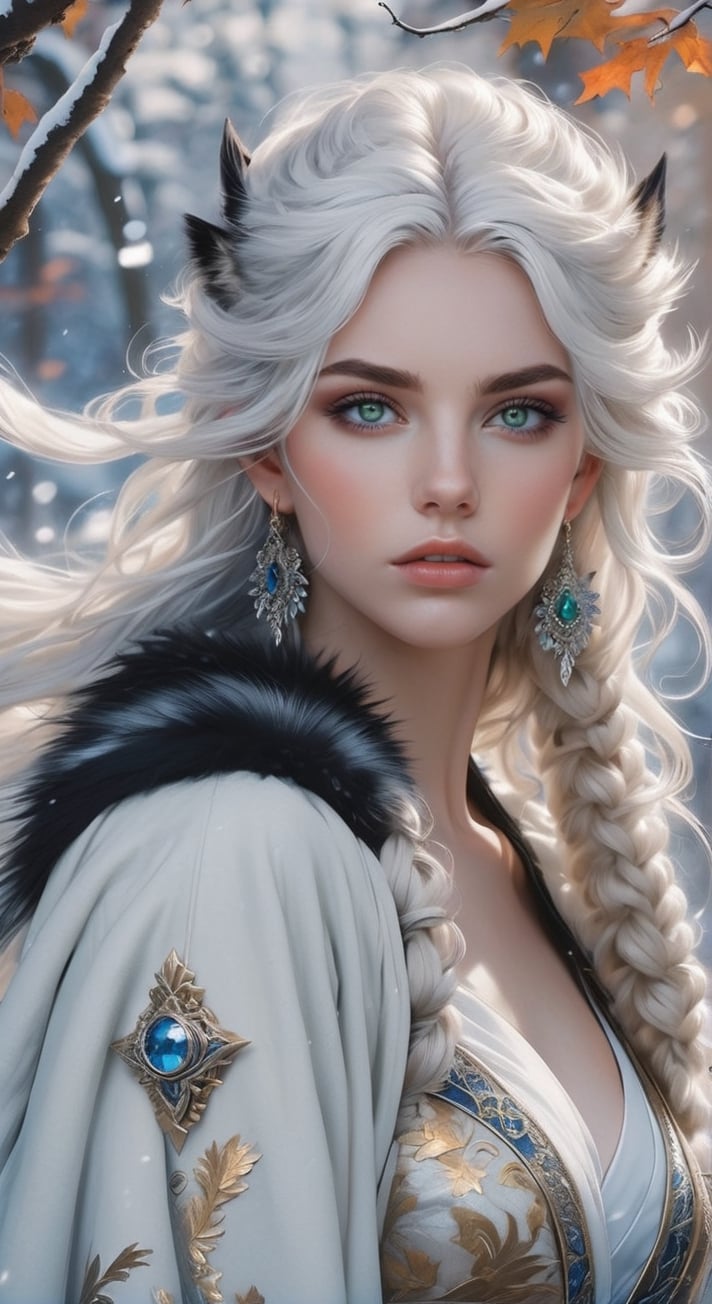 A fierce female warrior fighting in a snowy forest, in Medieval cloak, fur trimmed cloak, long hair, looking at viewer, blue eyes, simple background, (hair ornament), gem, tassel, hair between eyes, jewelry, upper body, earrings, lips, fur trim, eyelashes, portrait, beads, emo, (sharp eyes:1.4), (rebellious:1.4), (fierce:1.4), (standing: 1.2), silver-white hair, Gothic make-up, tough, wild. Kyoto Animation stylized anime, cinematic Lighting, ethereal light, intricate details, extremely detailed, incredible details, full colored, complex details, insanely detailed and intricate, hyper maximalist, gorgeous light and shadow, detailed decoration, detailed lines. Masterpiece, best quality, aerial view, HDR, UHD, unreal engine. looking at the camera, dark Fantasy background, representative, fair skin, beautiful face,A beautiful girl, blonde hair, dynamic character, detailed exquisite face, bold high quality, high contrast,art_booster,DonMS4kur4XL