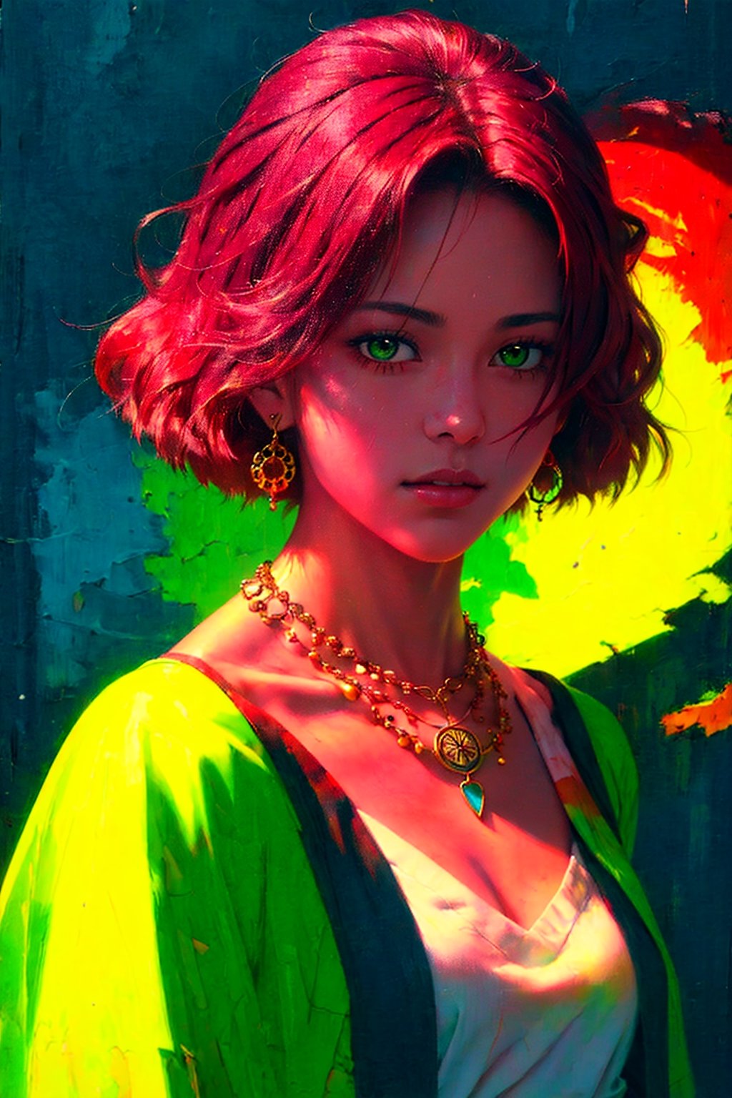 1girl, solo, Yukina, oil painting, impasto, looking at viewer, a young woman, 32 years old, red hair, shoulder length hair, green eyes, muscular body, tribal necklace, urban psychedelic outfit, psychedelic  background, masterpiece, nijistyle, niji, ,sciamano240, soft shading, yukina