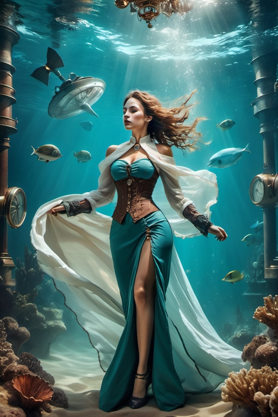 a woman under the sea, with cloth flying majestically,HZ Steampunk