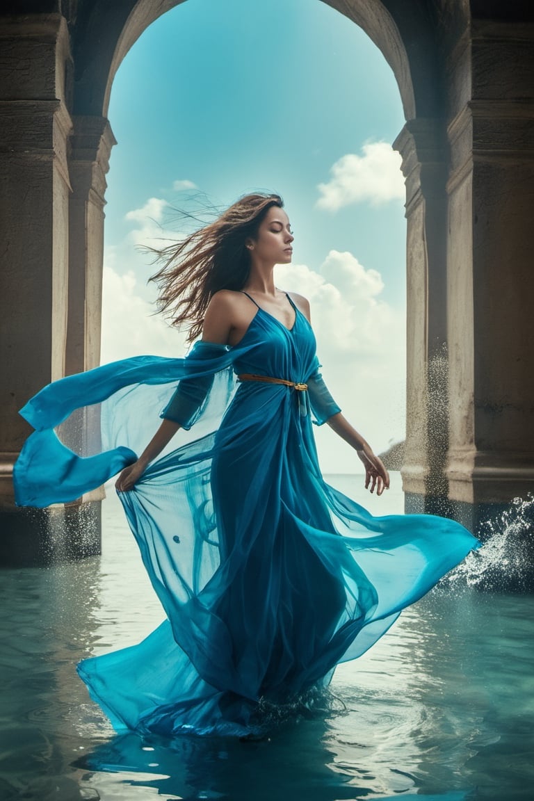 a woman was underwater, with cloth blue flying majestically