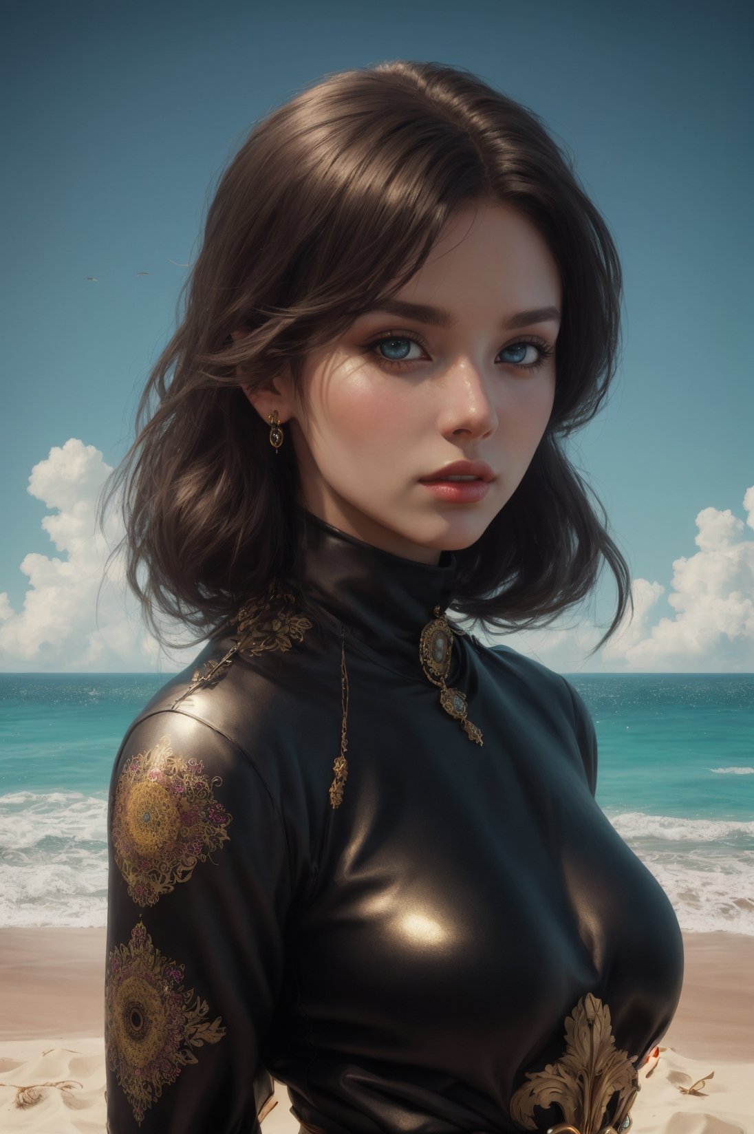 Waist high Portrait of an exotic beautiful caucasian woman wearing trendy clothing at a beach, perfect detailed face, detailed symmetric hazel eyes with circular iris, realistic, stunning realistic photograph, 3d render, octane render, intricately detailed, cinematic, trending on artstation, Isometric, Centered hipereallistic cover photo, awesome full color, hand drawn, dark, gritty, mucha, klimt, erte 12k, high definition, cinematic, neoprene, behance contest winner, portrait featured on unsplash, stylized digital art, smooth, ultra high definition, 8k, unreal engine 5, ultra sharp focus, intricate artwork masterpiece, ominous, epic, TanvirTamim, trending on artstation, by artgerm, h. r. giger and beksinski, highly detailed, vibrant