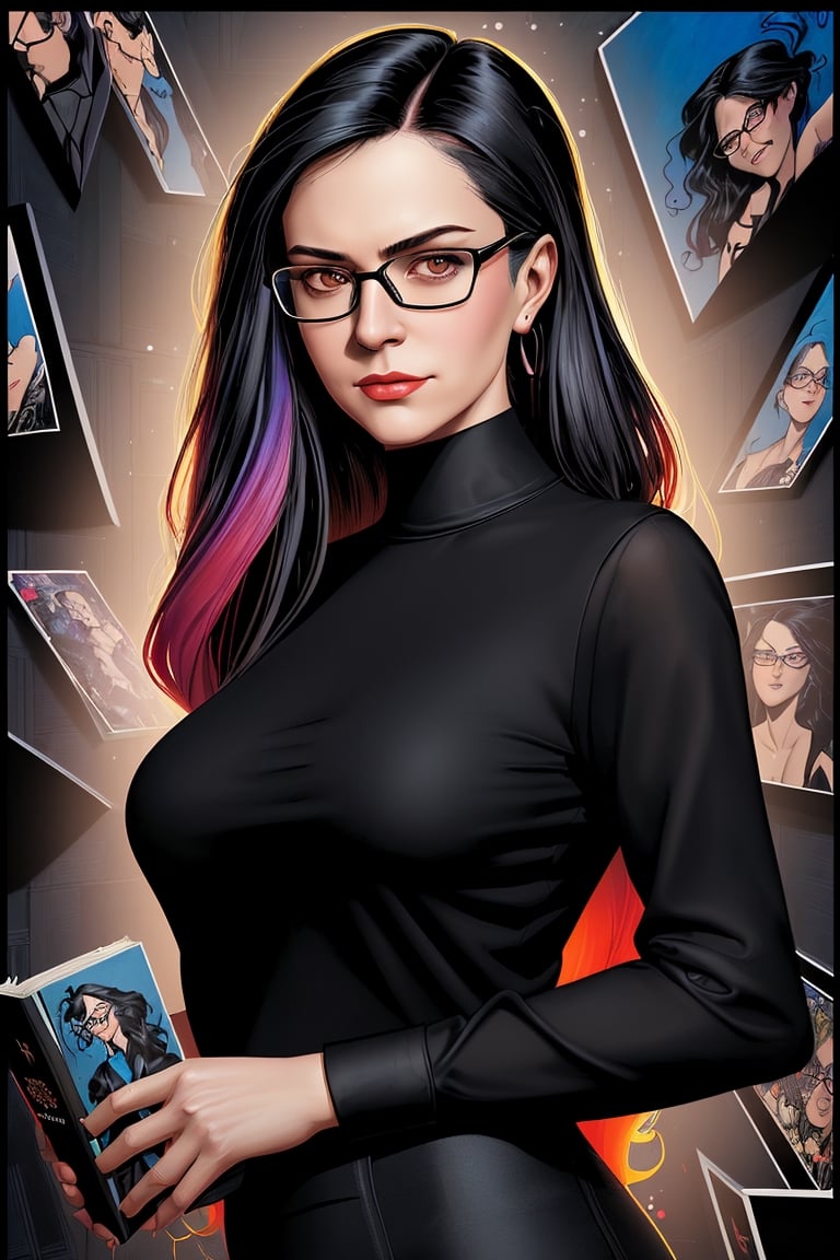 a woman wearing glasses and a black shirt, portrait, behance contest winner, precisionism, pixel perfect, behance hd, studio portrait, by Michael William Kaluta, Graphic Novel: Colorful: 2D: Megapixel: Excited