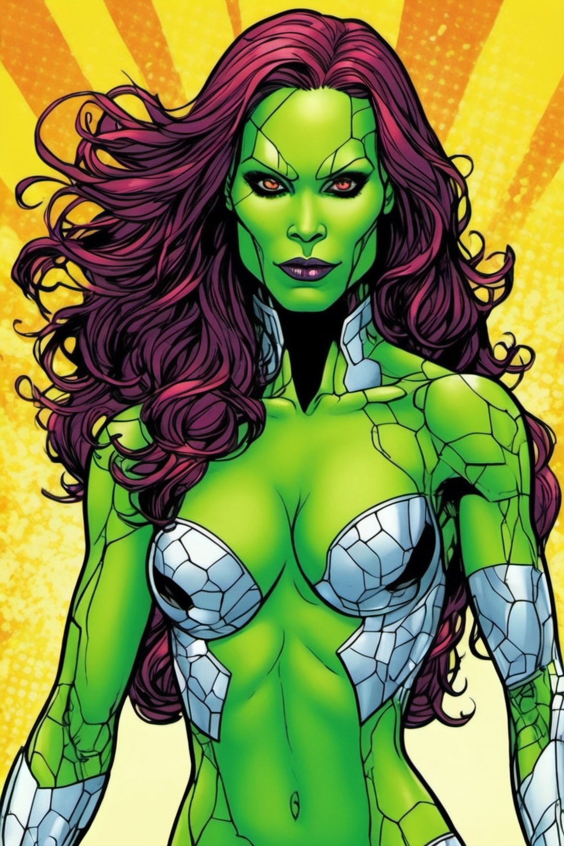 pop art, style, high_resolution, high detail, shiny, close-up of (((naked Gamora)))