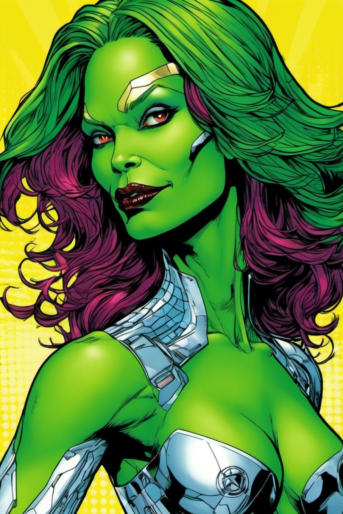 pop art, style, high_resolution, high detail, shiny, close-up of (((naked Gamora)))